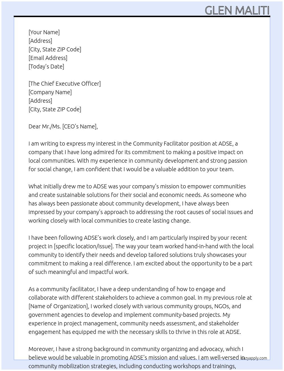community facilitator At adse Cover Letter