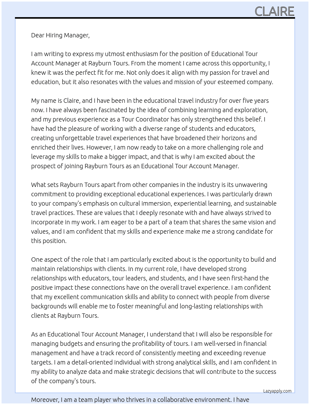 Educational Tour Account Manager At Rayburn Tours Cover Letter