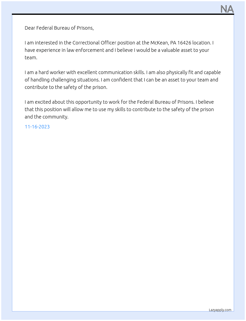 Correctional Officer  At Federal Bureau of Prisons  McKean, PA 16426 Cover Letter