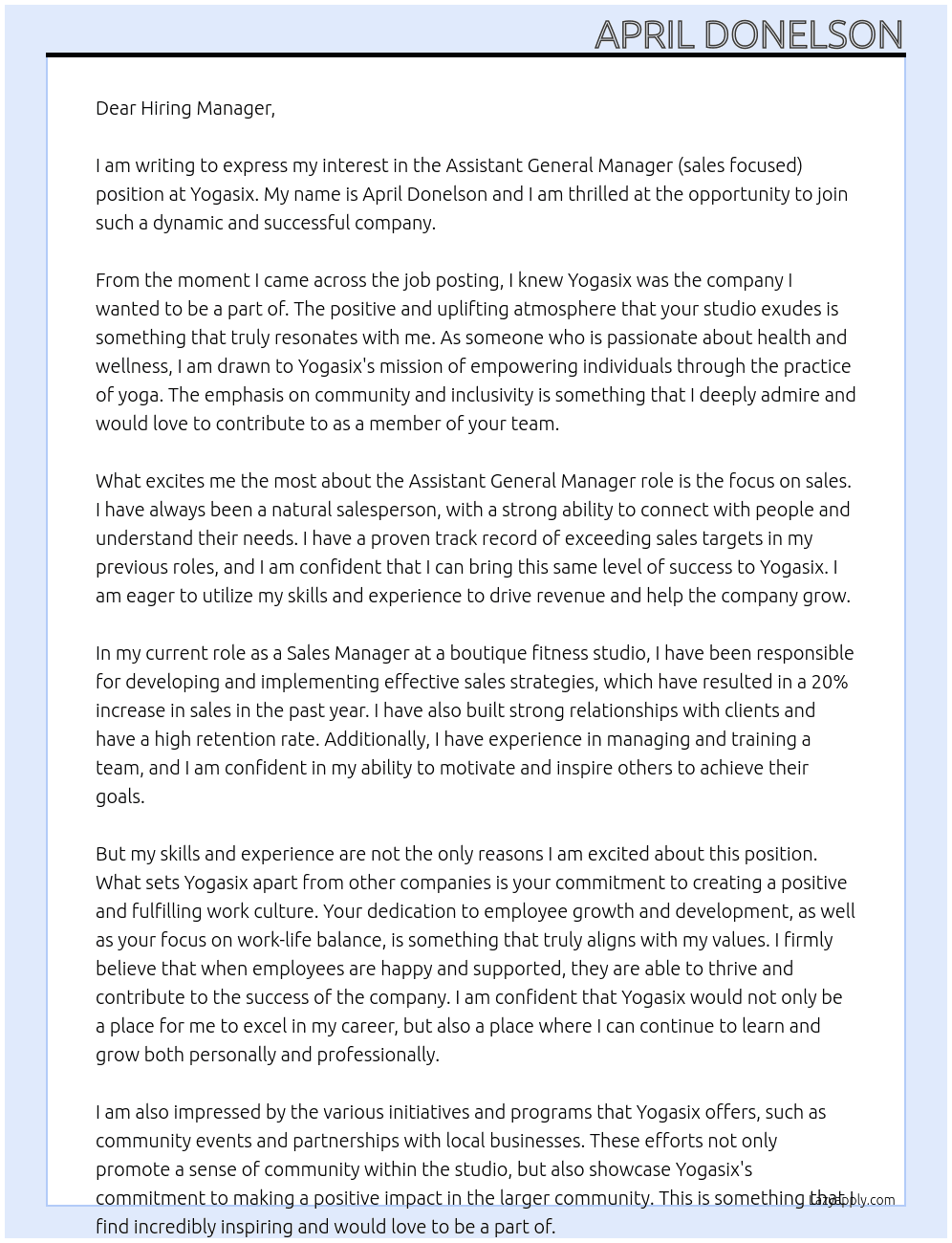 Assistant General Manager (sales focused) At Yogasix Cover Letter