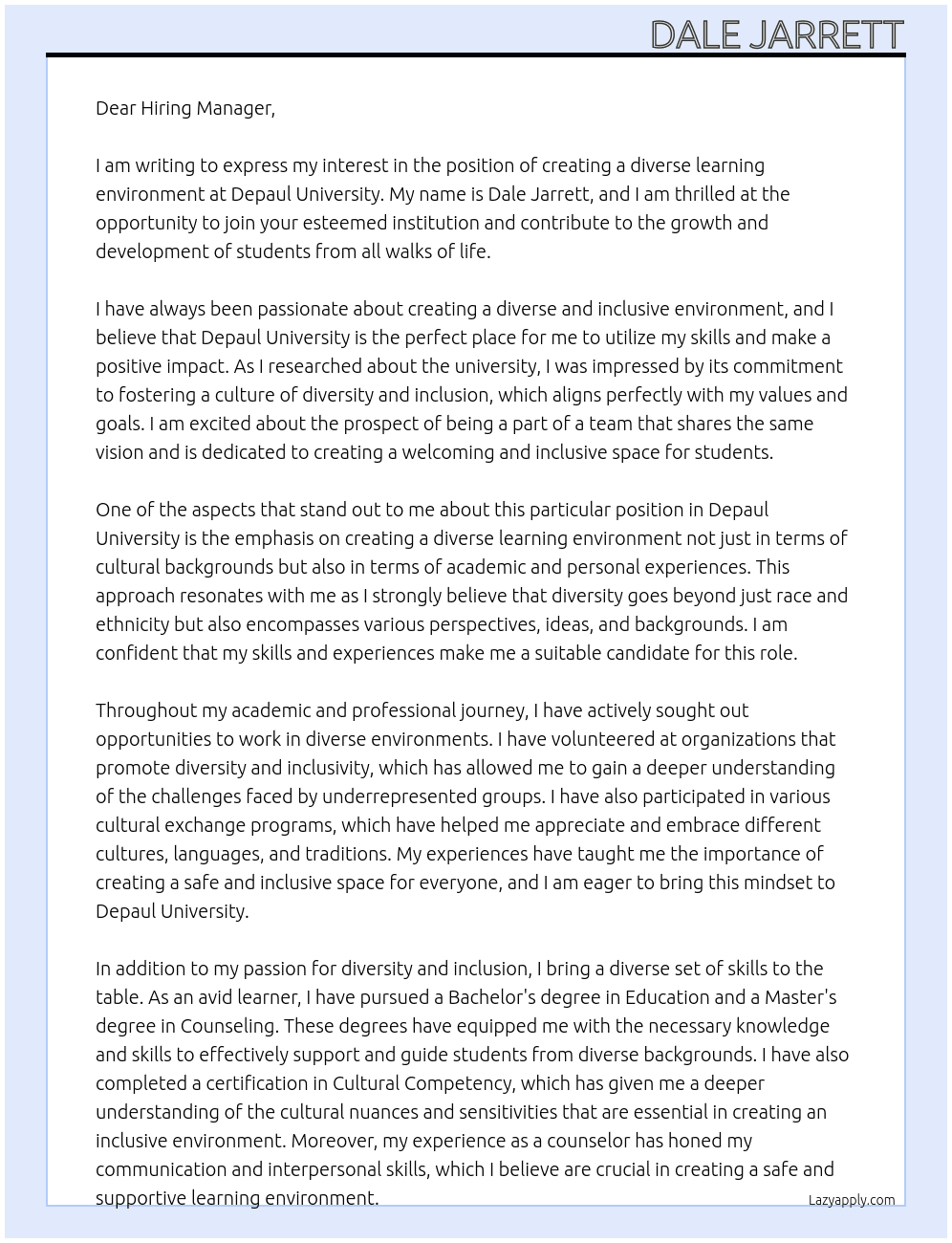 diverse learning environment  At Depaul university Cover Letter