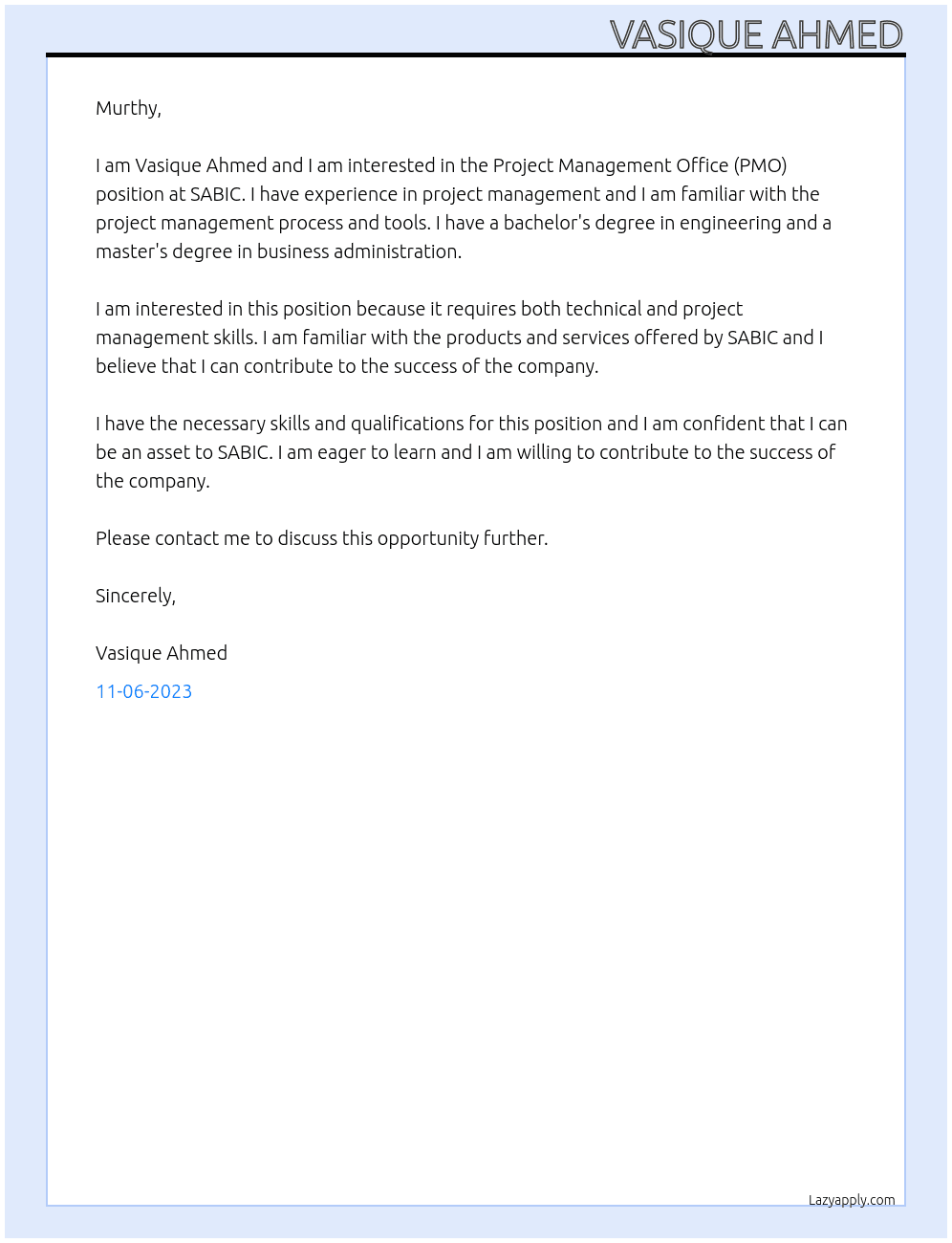 Project Managment Office At SABIC Cover Letter