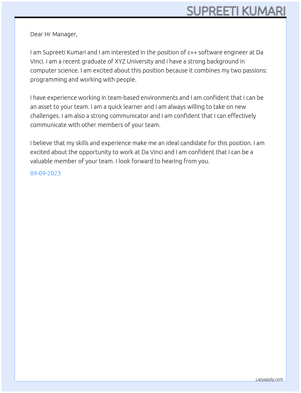 c++ software engineer At Da vinci Cover Letter