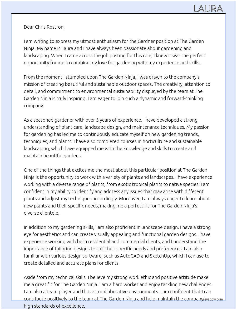 Gardner At The Garden Ninja Cover Letter