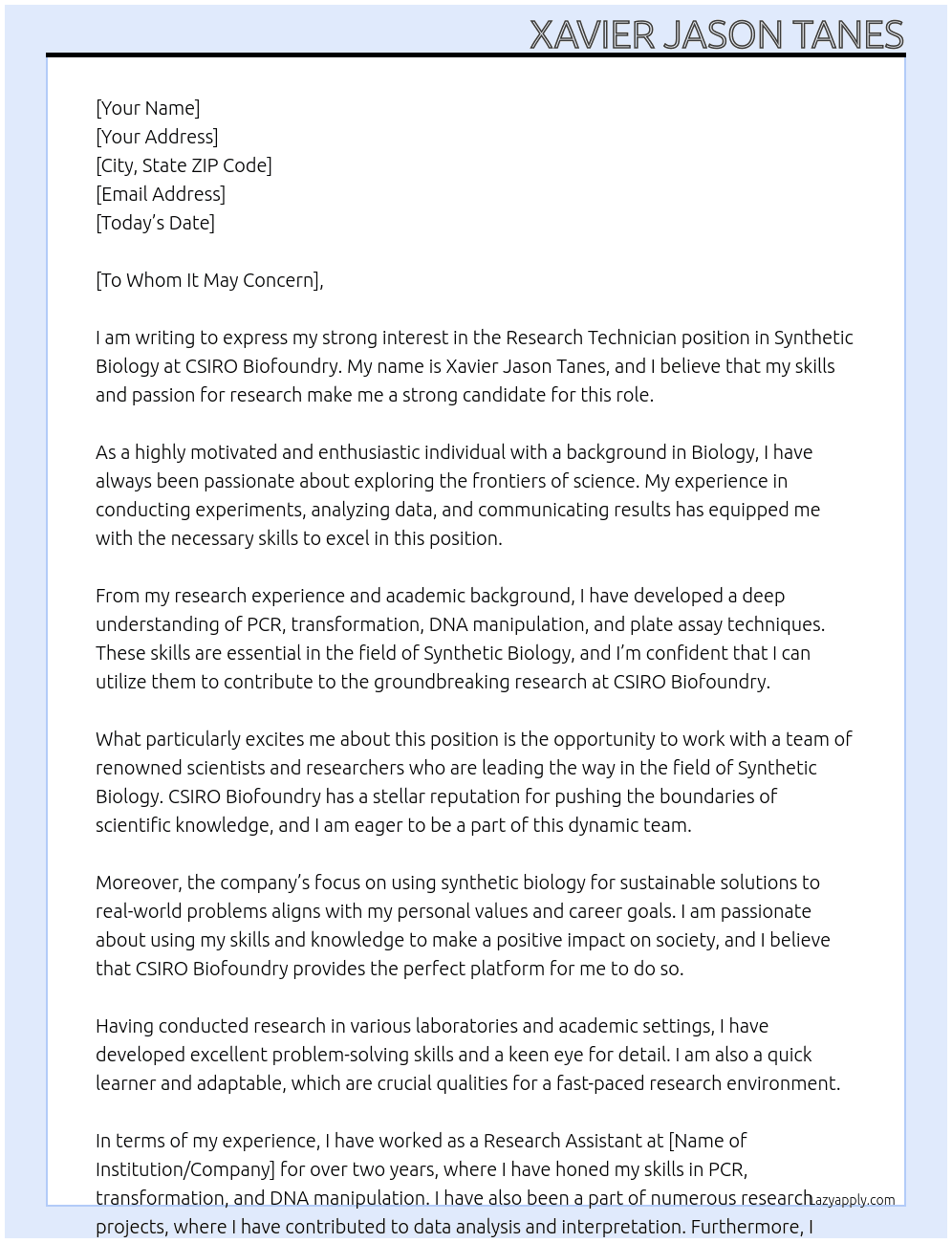 Research Technician - Synthetic Biology At CSIRO Biofoundry Cover Letter