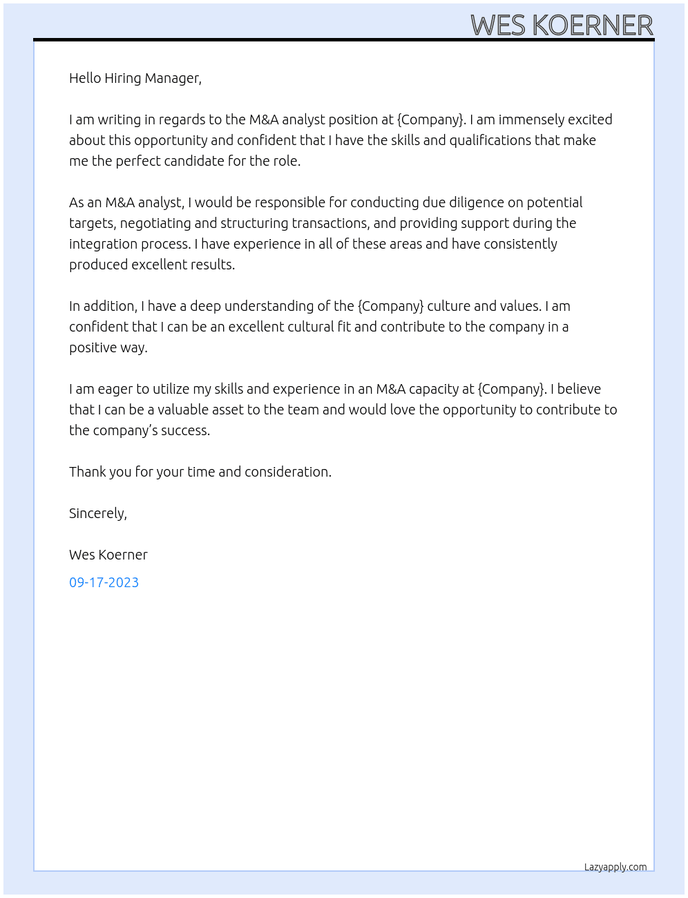 M&A analyst At {COmpany} Cover Letter