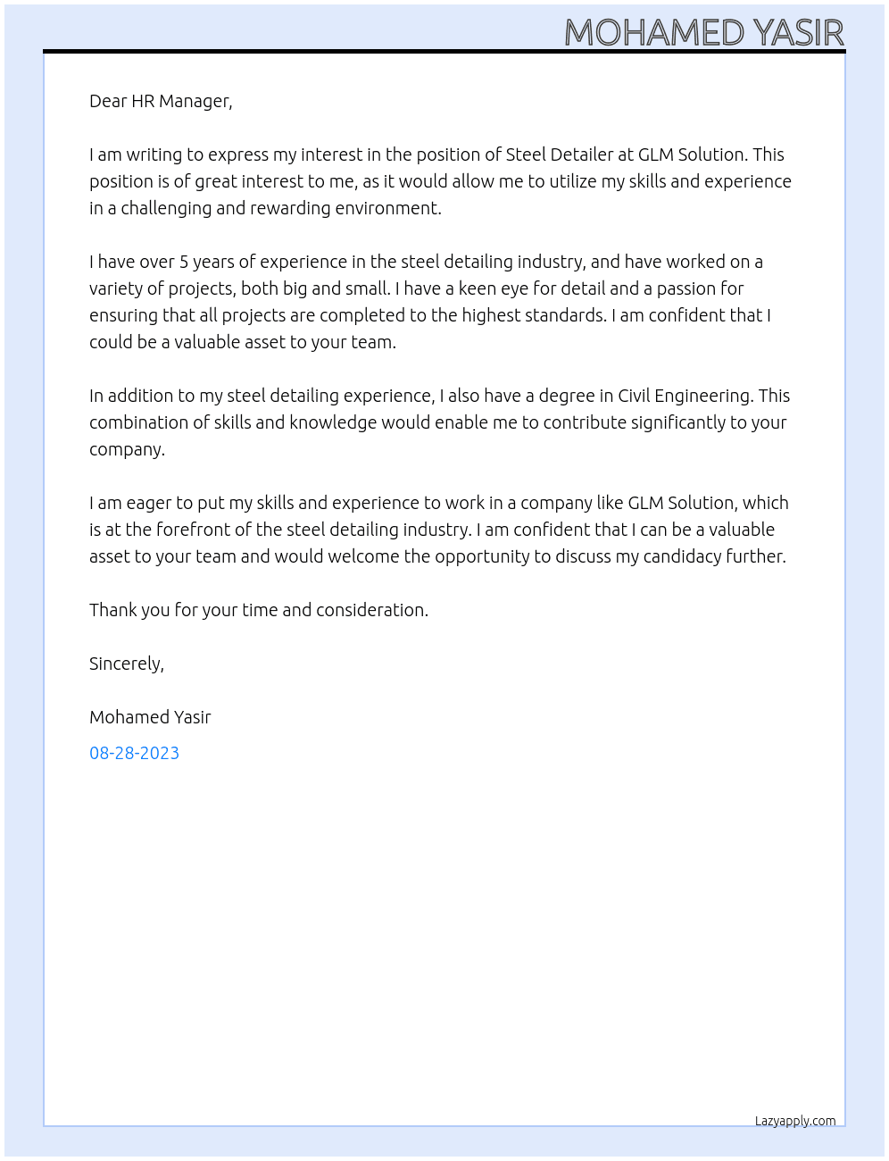 Steel detailer At GLM Solution Cover Letter