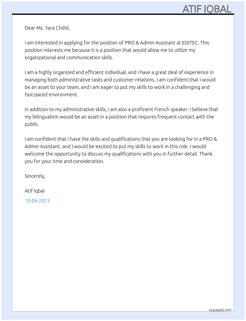 PRO & Admin Assistant  At EDITEC Cover Letter