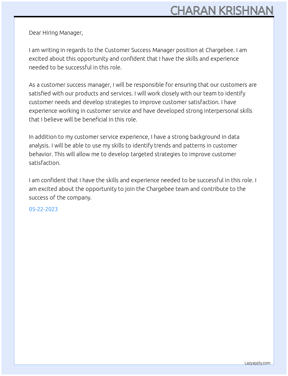 Customer Success Manager At Chargebee Cover Letter