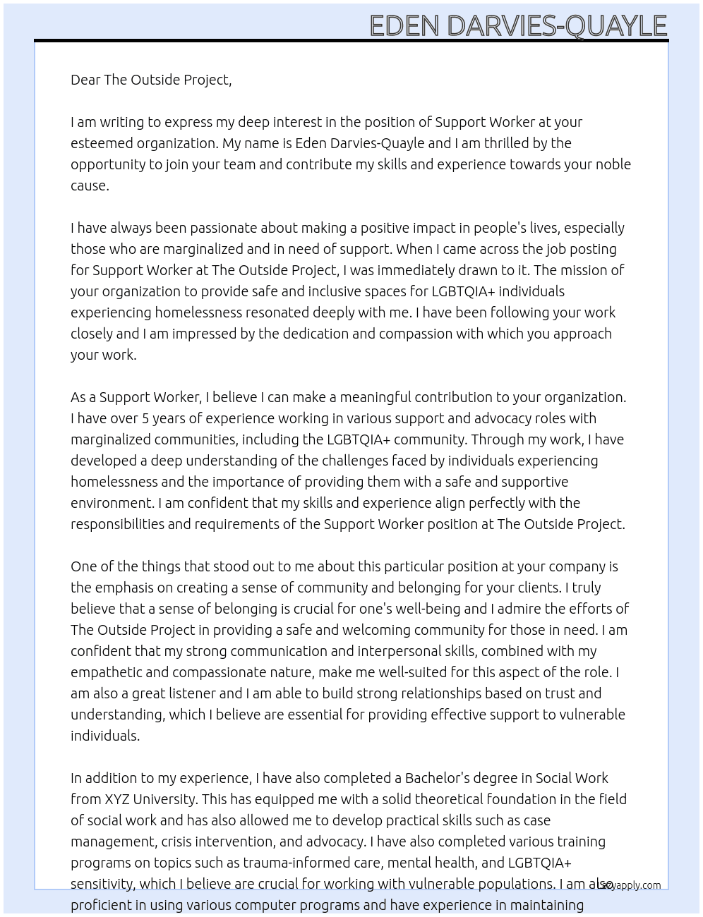 support worker At The Outside Project Cover Letter