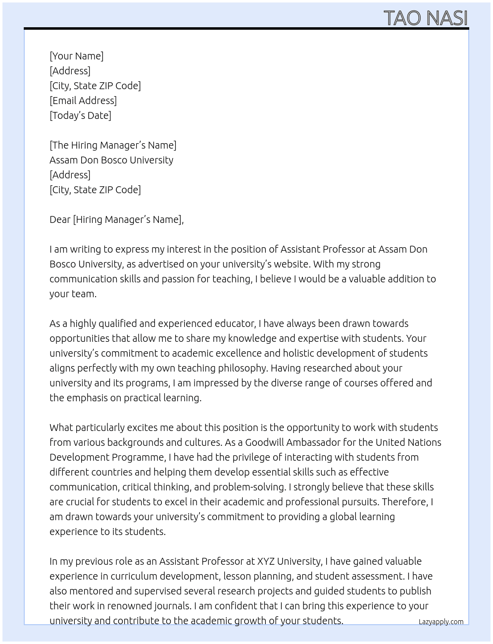 Assistant professor  At Assam Don Bosco University  Cover Letter