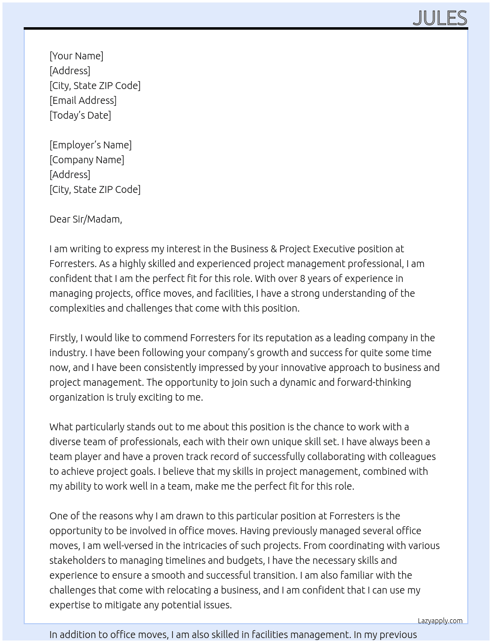 Business & Project Executive At Forresters Cover Letter