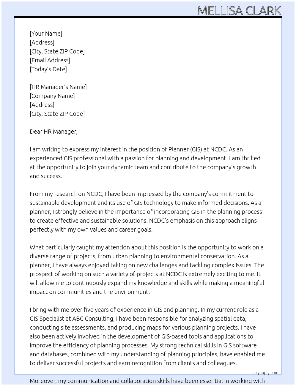 Planner (GIS) At NCDC Cover Letter
