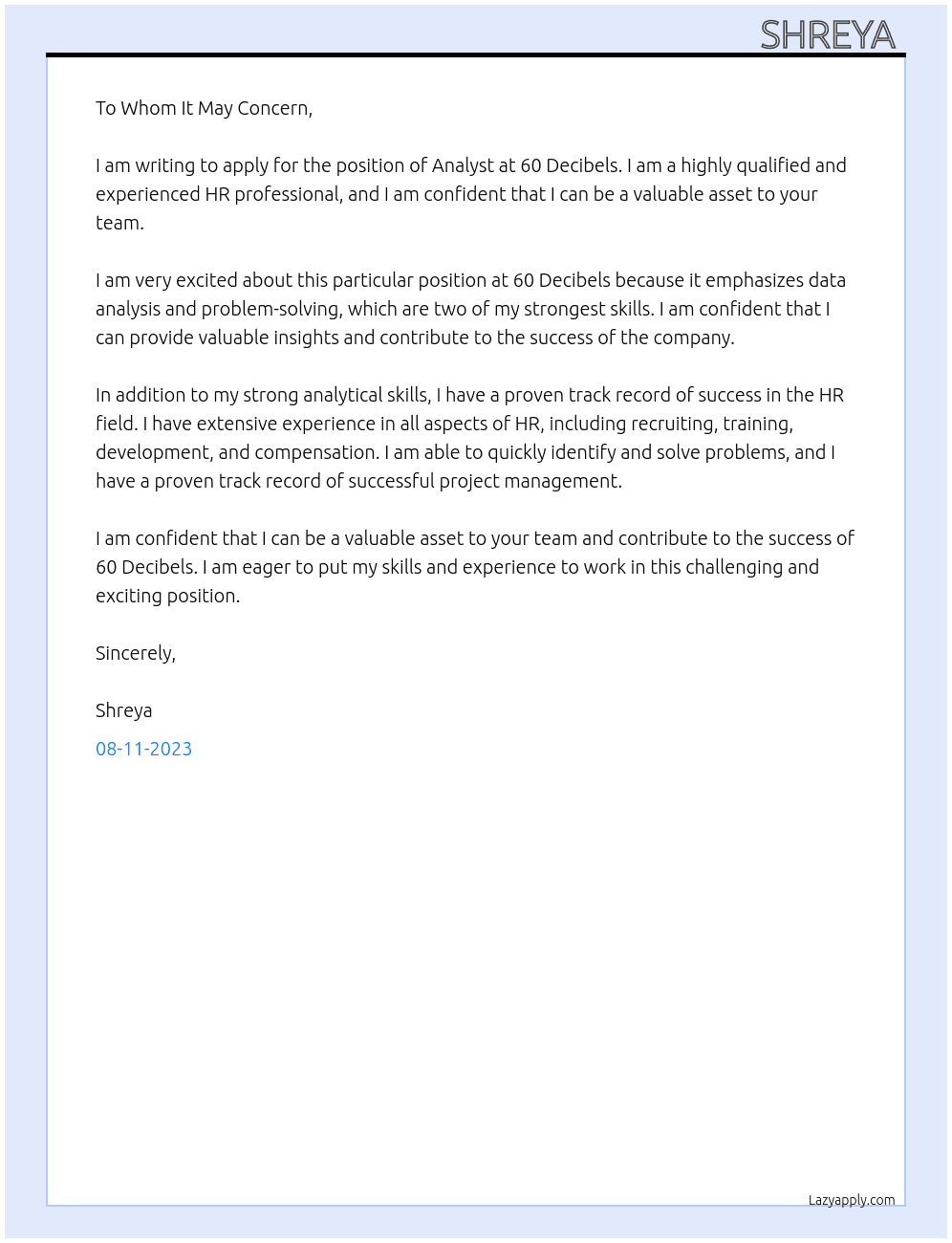 Analyst At 60 Decibels Cover Letter