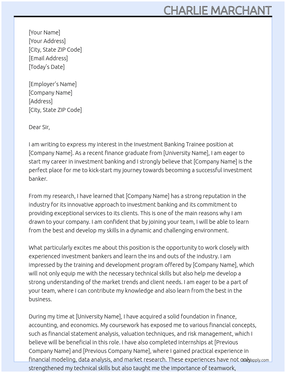 Investment Banking Trainee At Investment Banking Cover Letter
