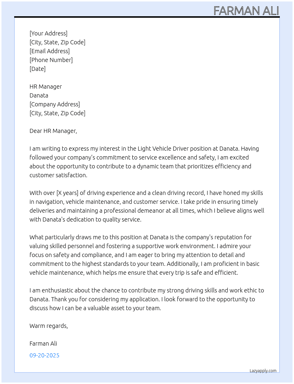 Light vehicle driver  At Danata Cover Letter