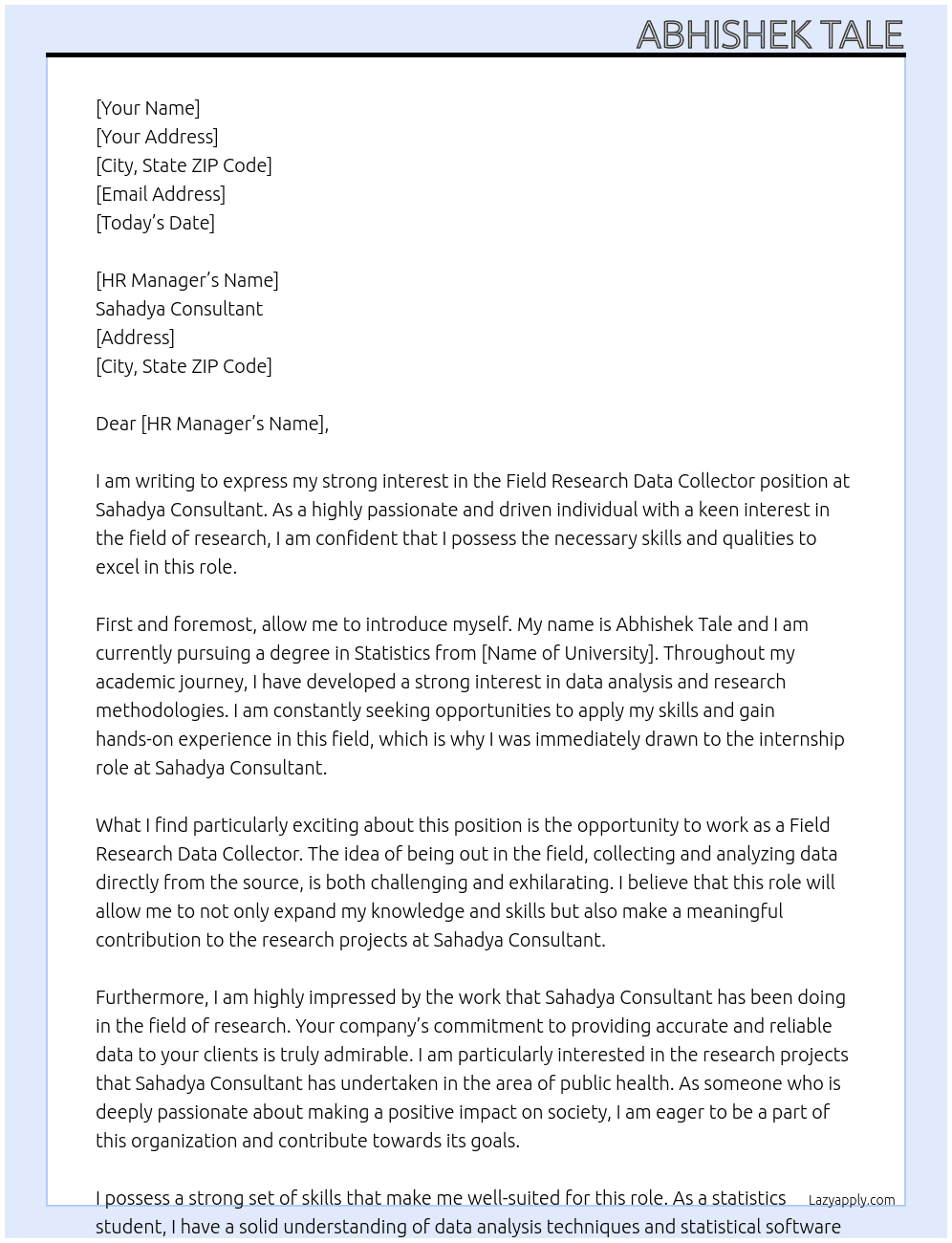 Field research data collector  At Sahadya Consultant  Cover Letter