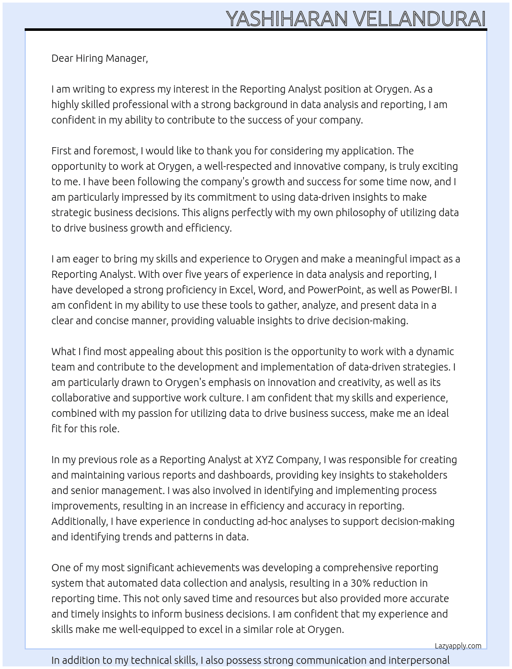 Reporting Analyst At Orygen Cover Letter