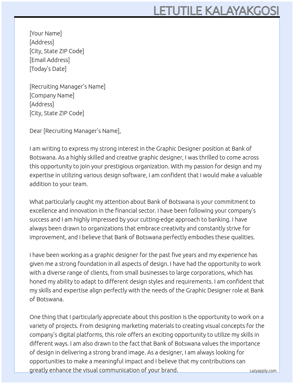 Graphic designer At bank of botswana Cover Letter