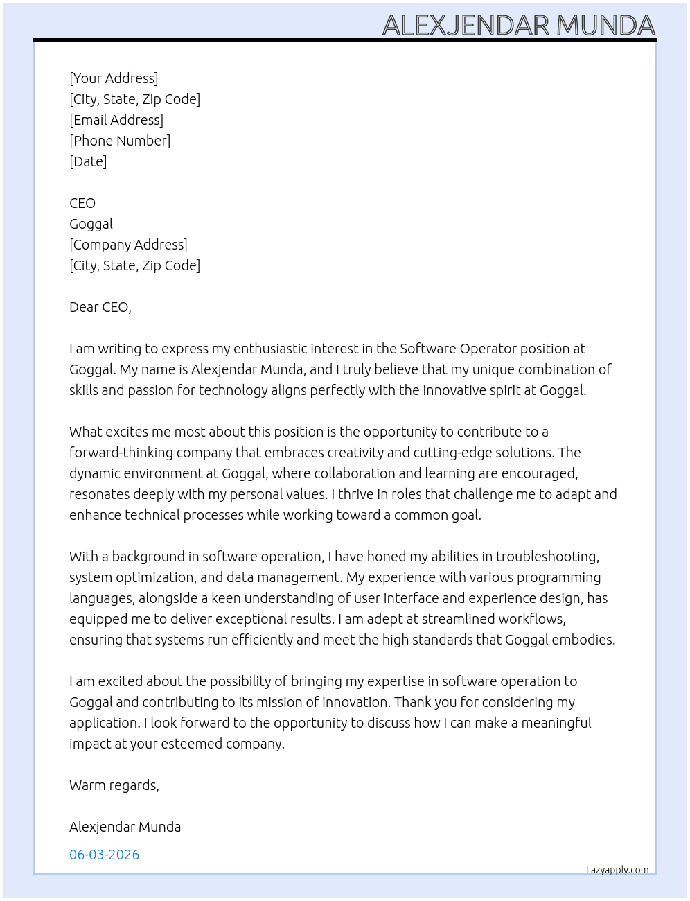 Cover letter for software operator - LazyApply