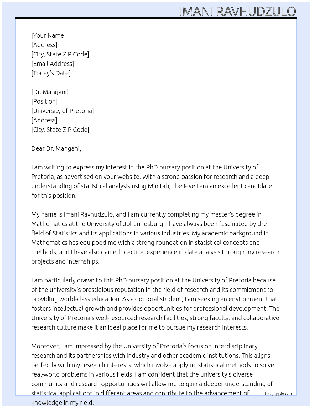 PhD bursary At University of Pretoria Cover Letter