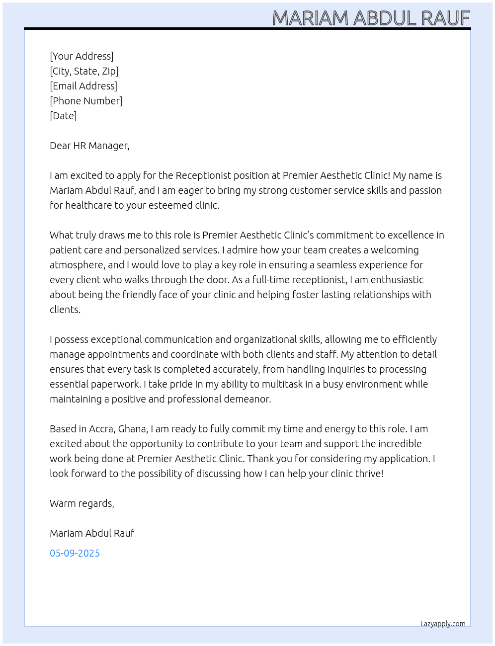 Receptionist  At Premier Aesthetic Clinic Cover Letter