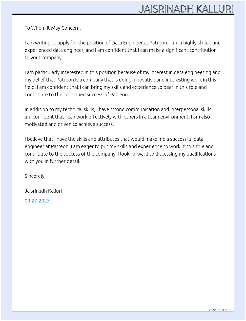 Data Engineer At Patreon Cover Letter