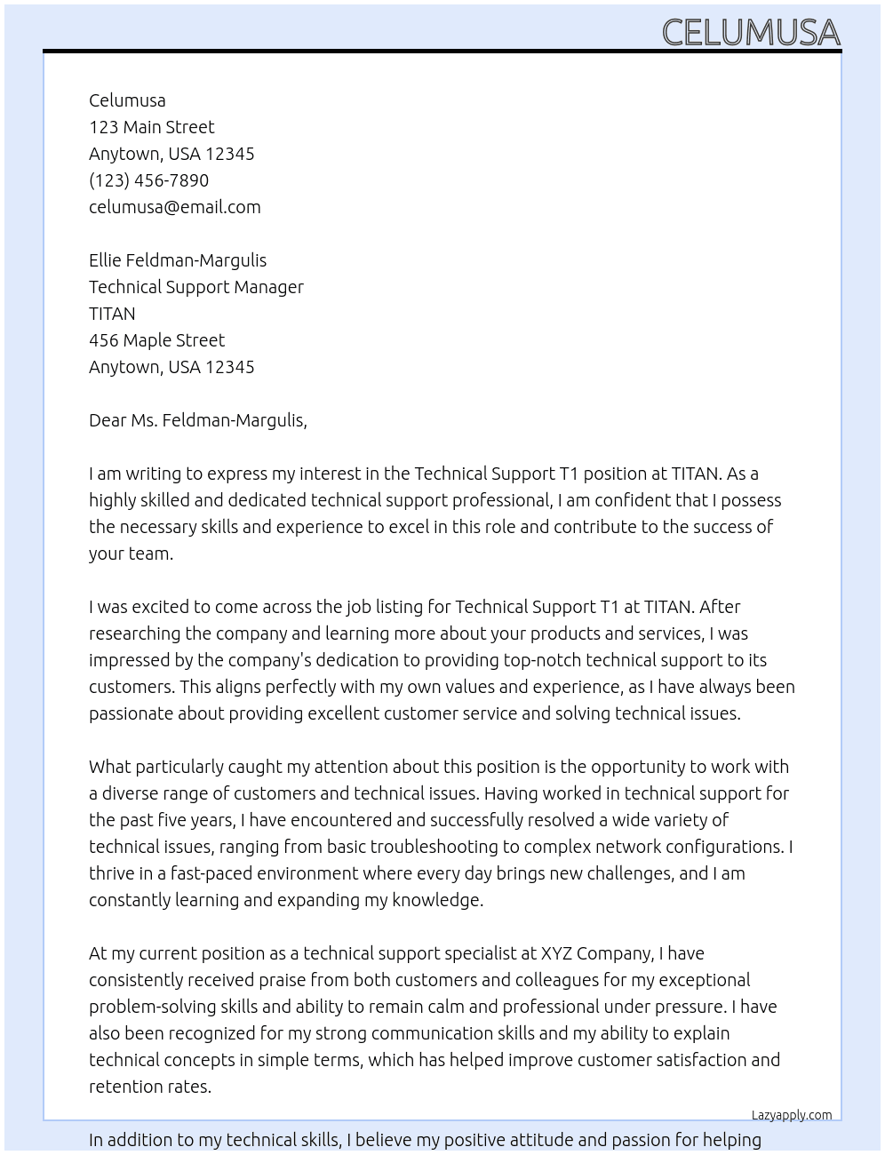 Technical support T1 At TITAN Cover Letter