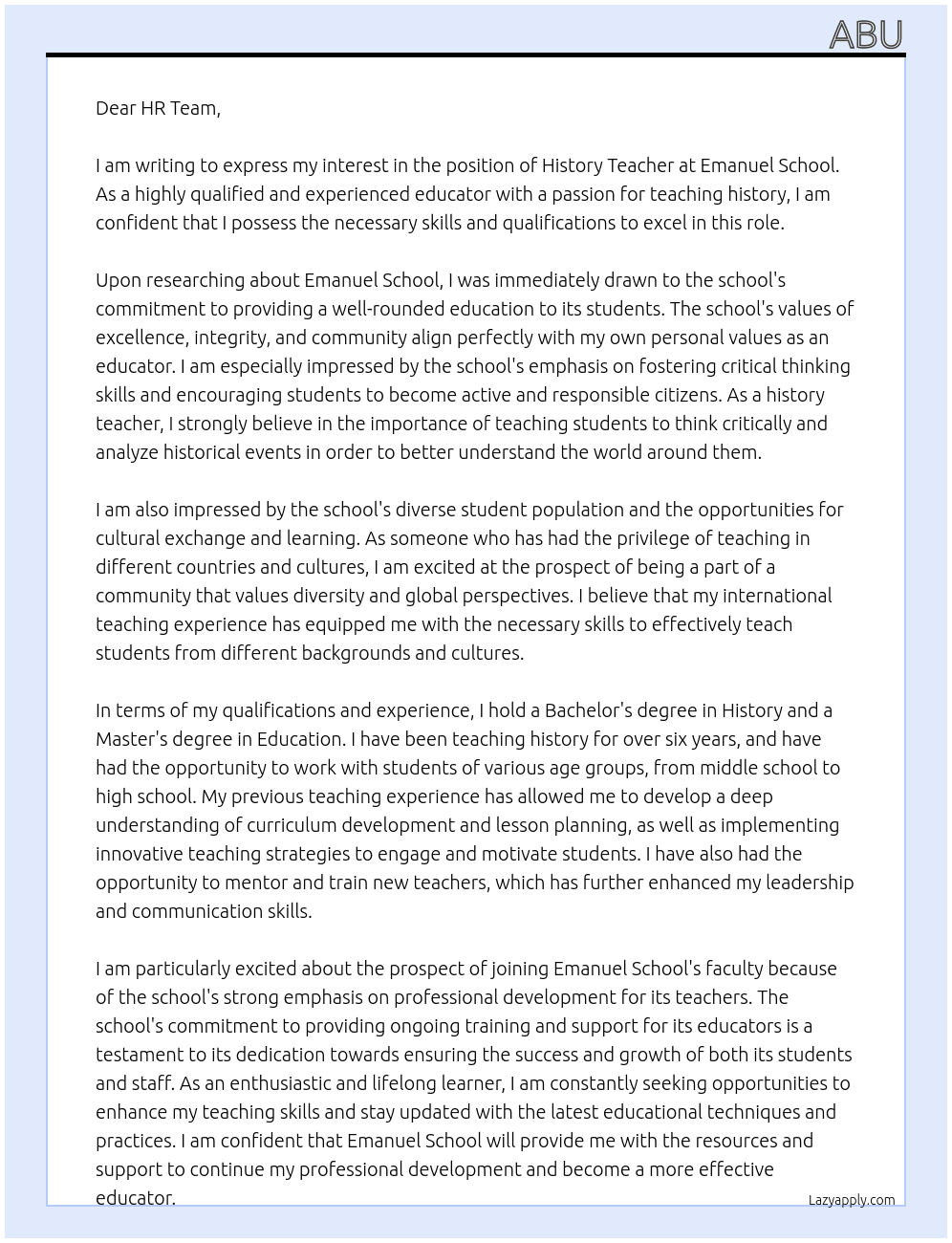History teacher At Emanuel School Cover Letter