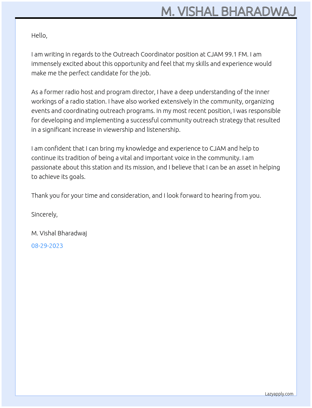 Outreach Coordinator At CJAM 99.1 FM Cover Letter