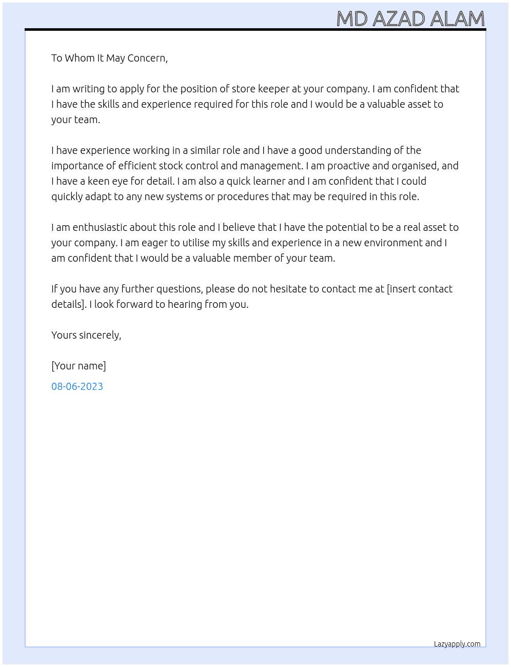 Store keeper  At Store keeper  Cover Letter