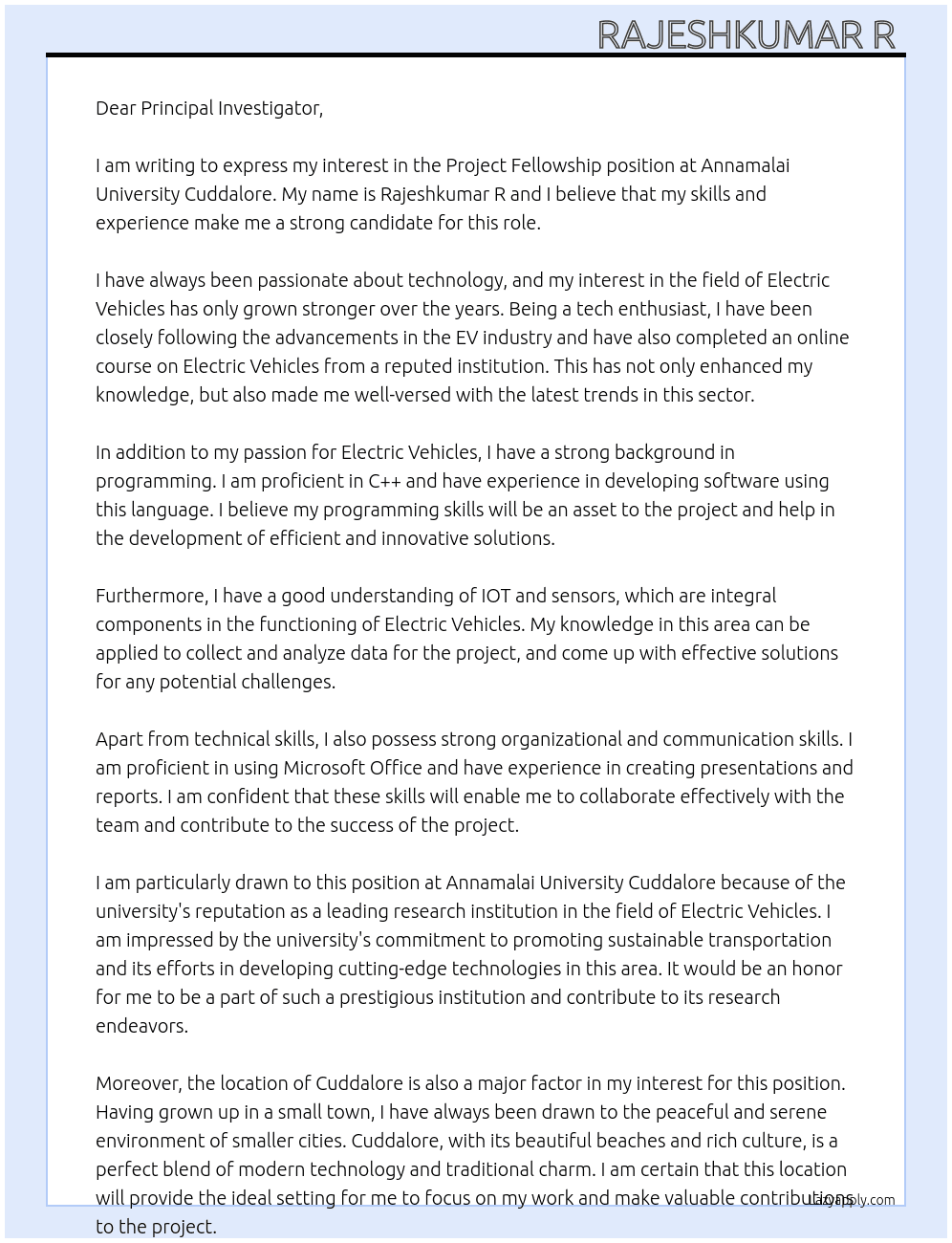 Project fellowship  At Annamalai University Cuddalore  Cover Letter