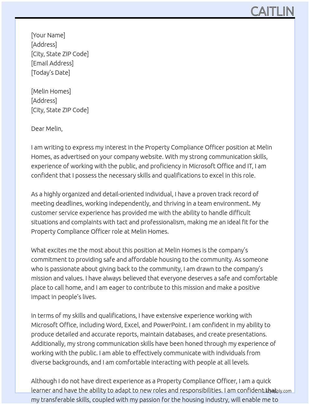 property compliance officer At melin homes Cover Letter