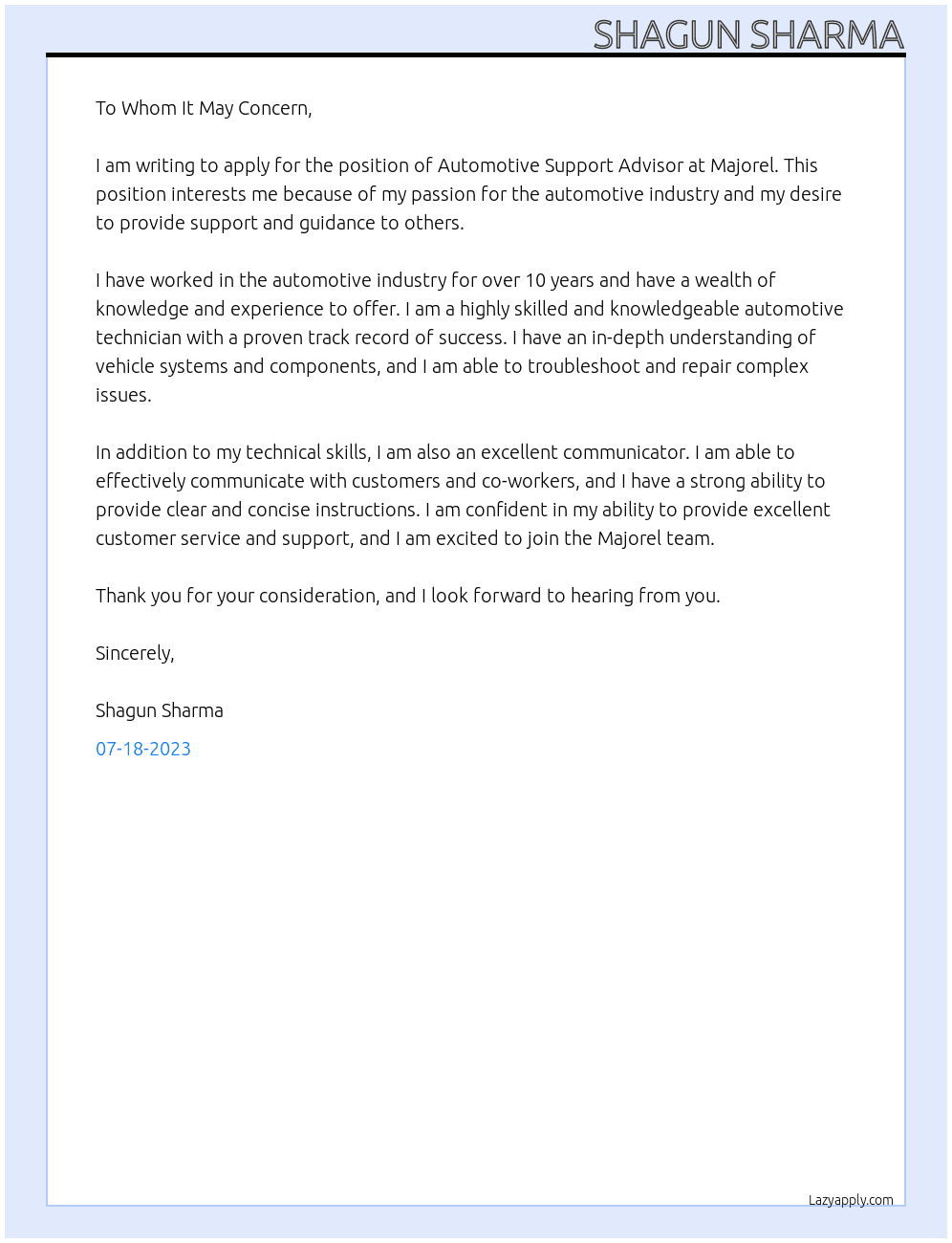 Automotive support advisor At Majorel Cover Letter