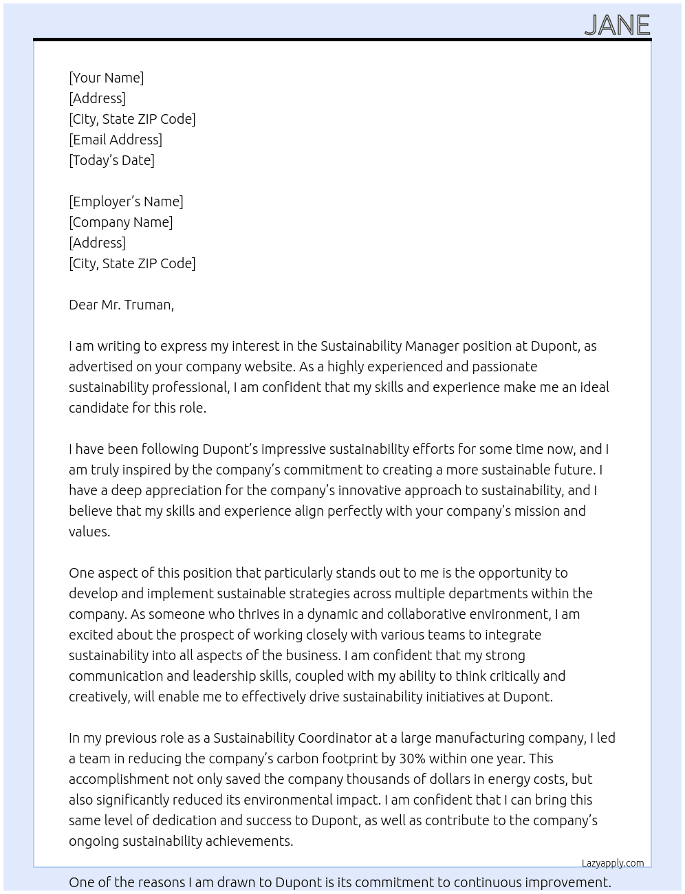 Sustainability Manager At dupont Cover Letter