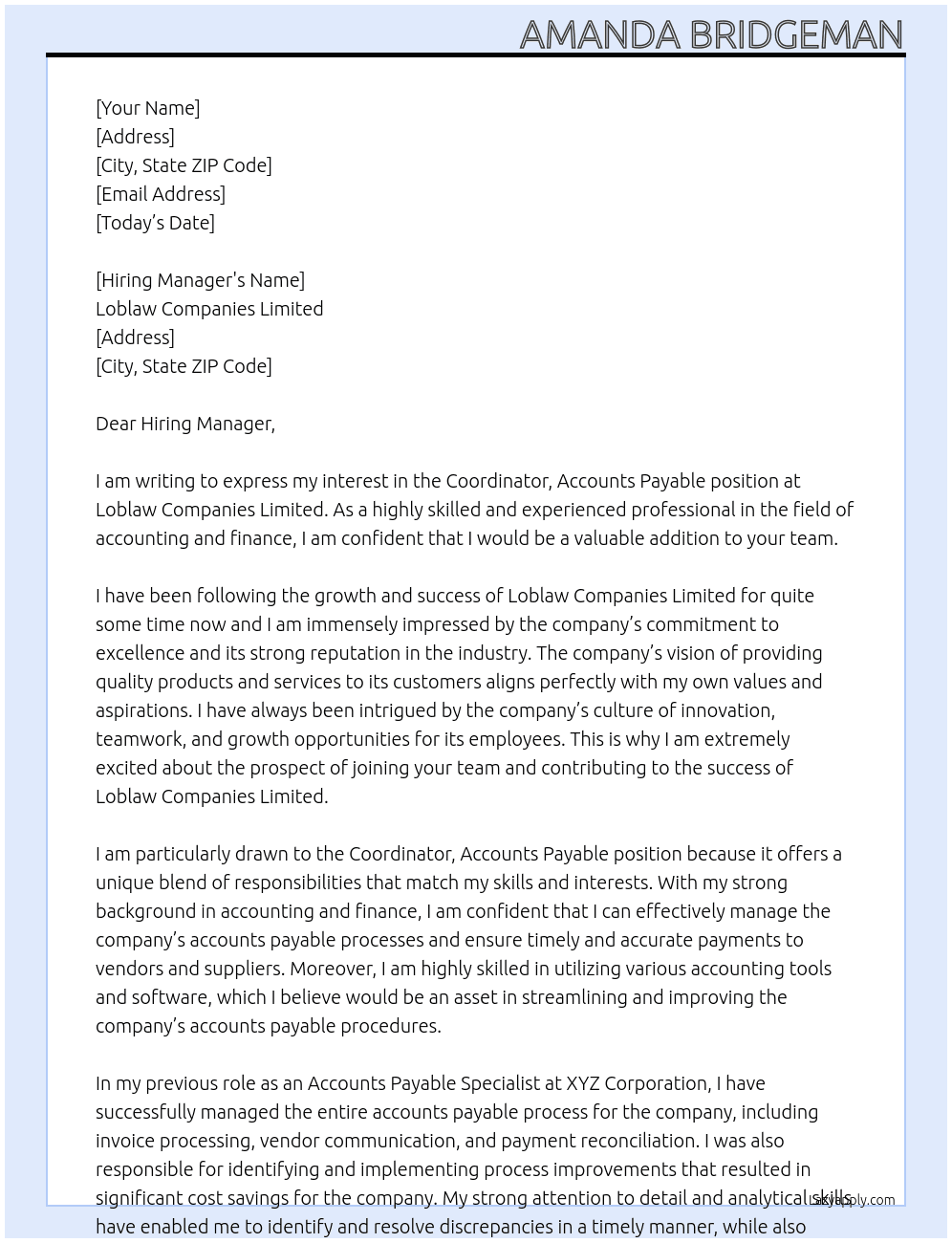 Coordinator, Accounts Payable At Loblaw Companies Limited Cover Letter