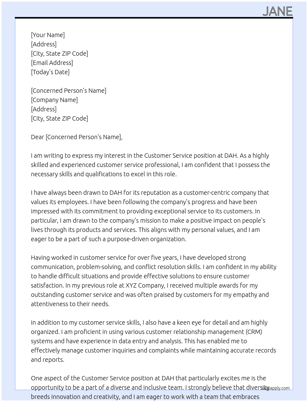 customer service  At DAH Cover Letter