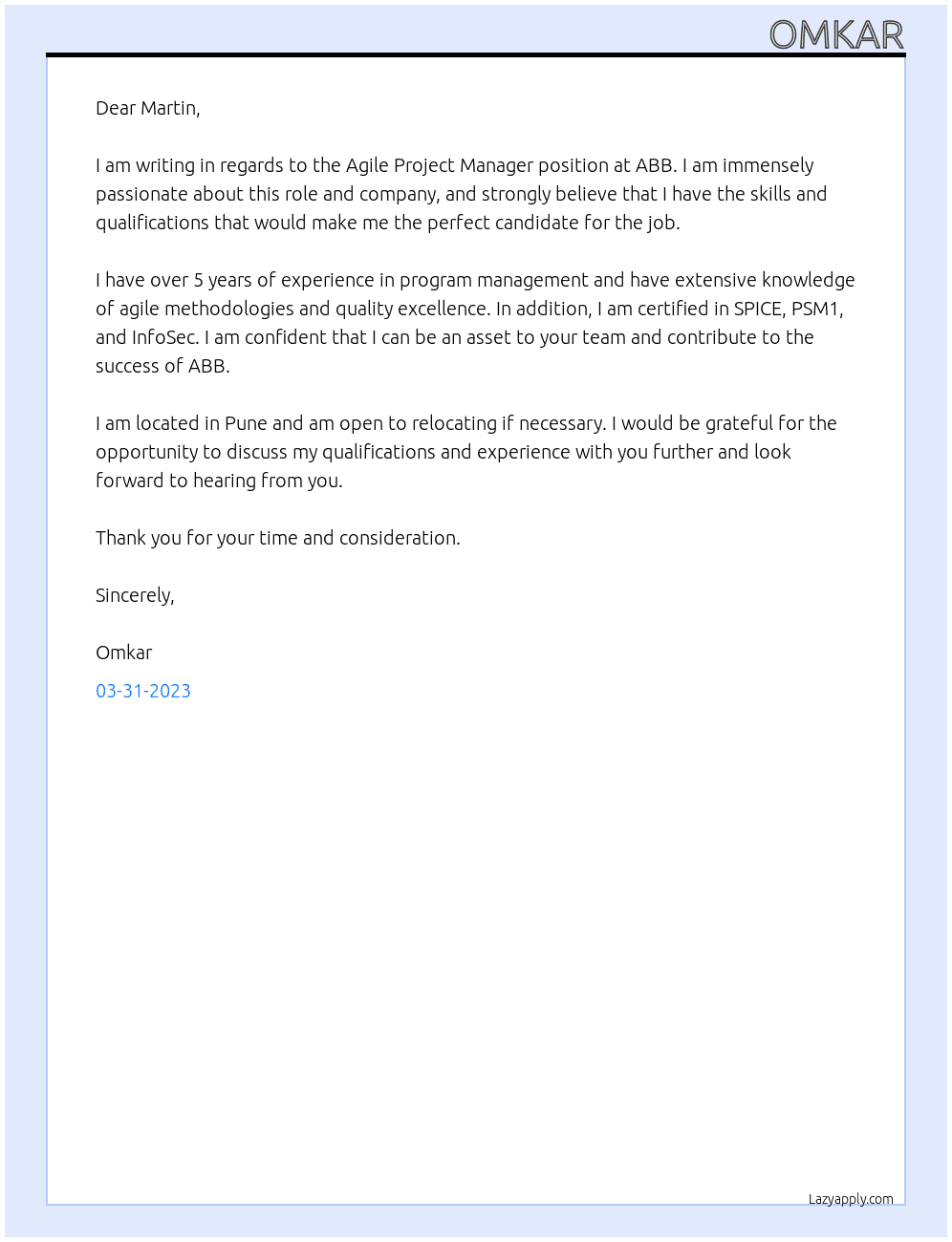 Agile Project Manager At ABB Cover Letter