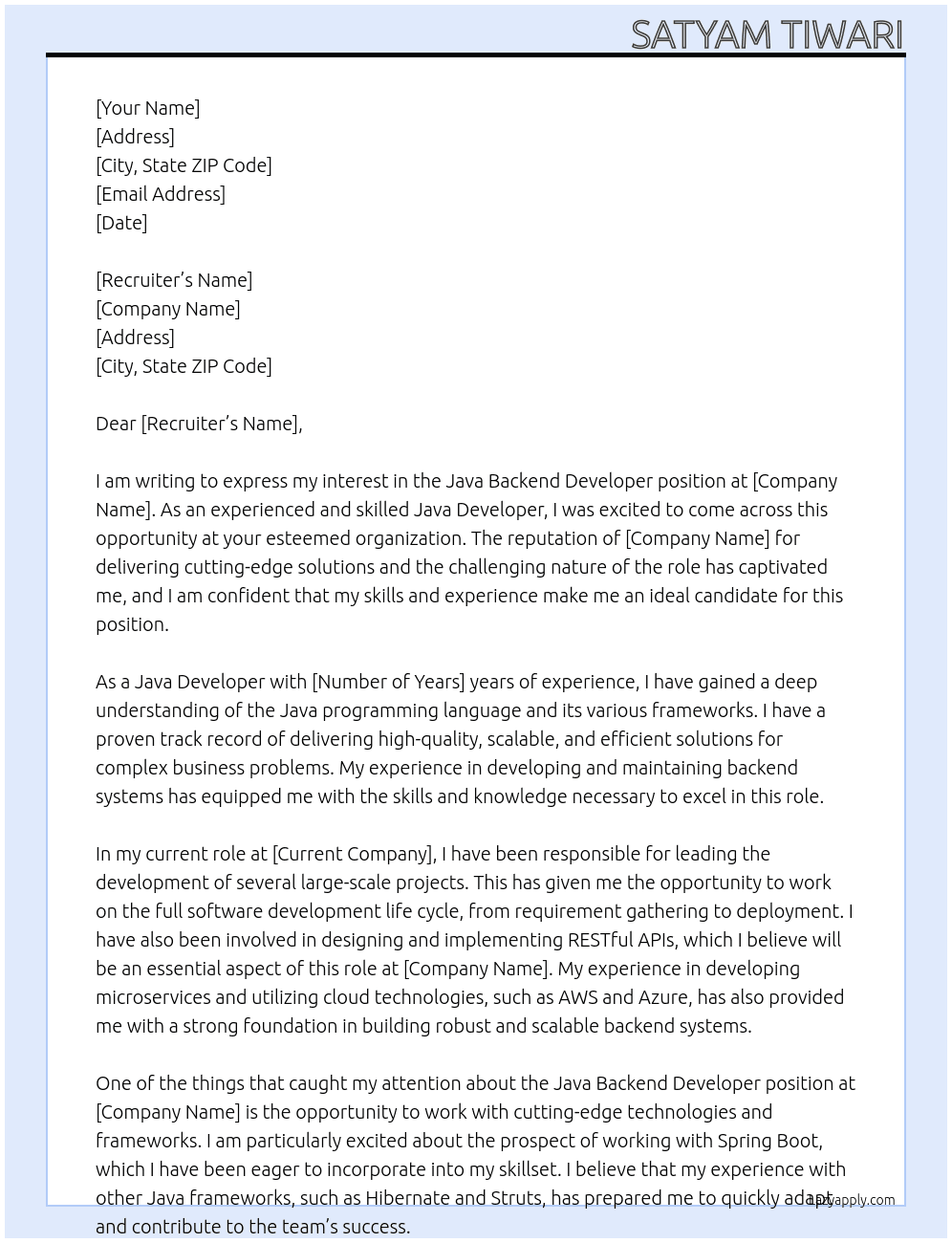 Cover letter for java backend developer - LazyApply