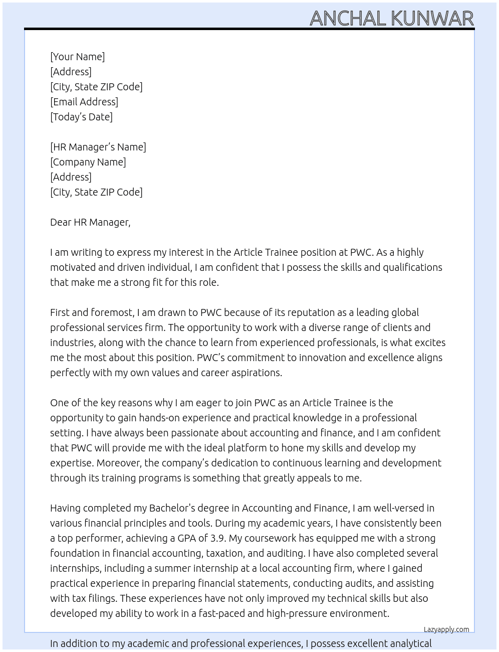 ARTICLE TRAINEE At PWC  Cover Letter