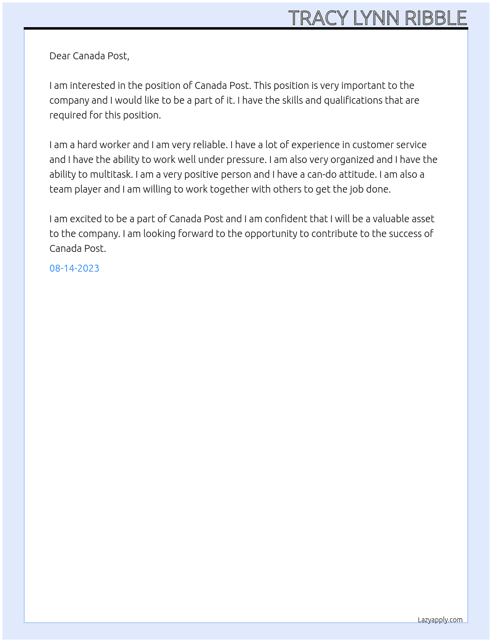 canada post At Canada Poat Cover Letter