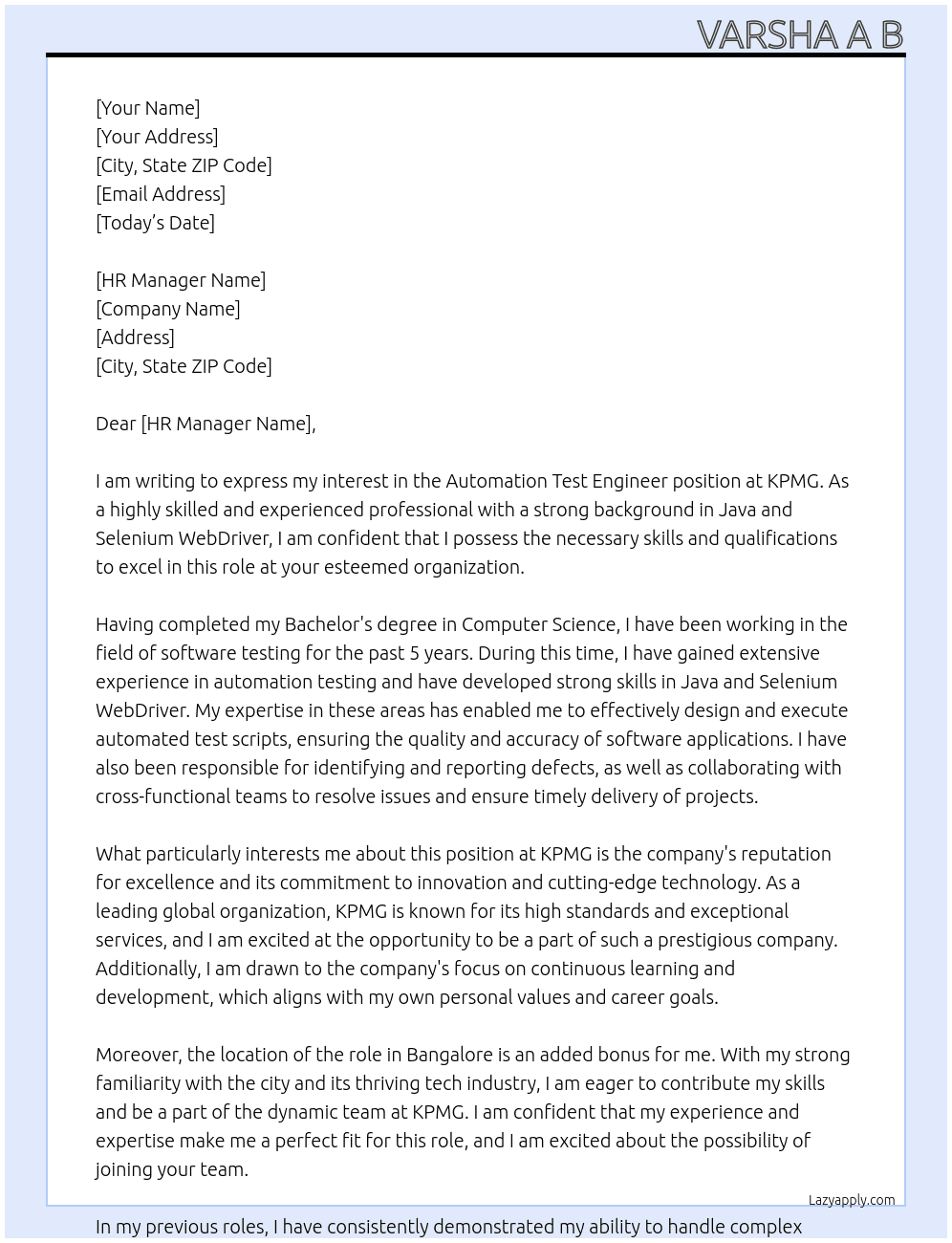 Automation test engineer  At KPMG Cover Letter