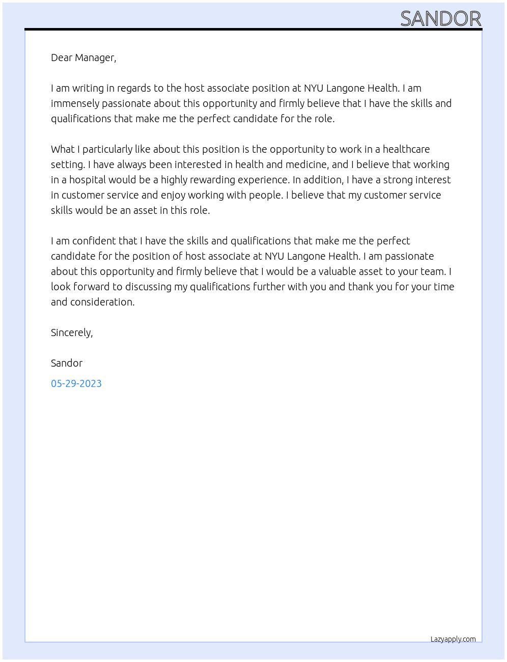 Host associate  At NYU Langone Health Cover Letter