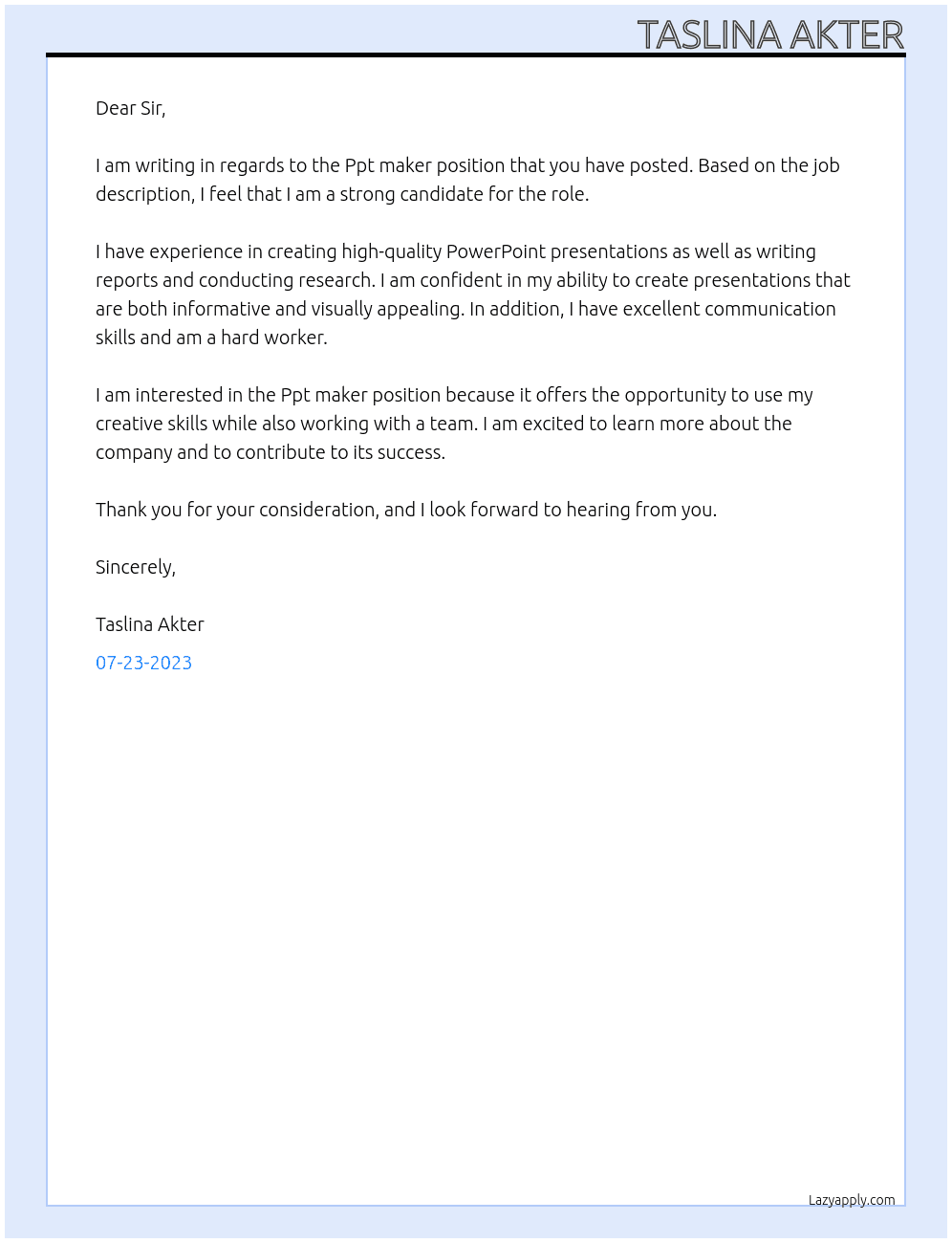Ppt maker At As a freelancer Cover Letter