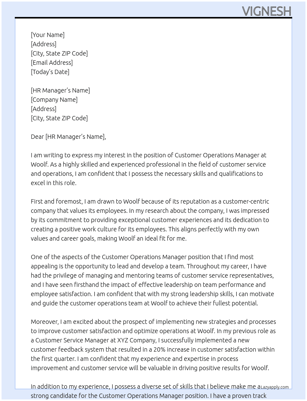 Customer Operations Manager At Woolf Cover Letter