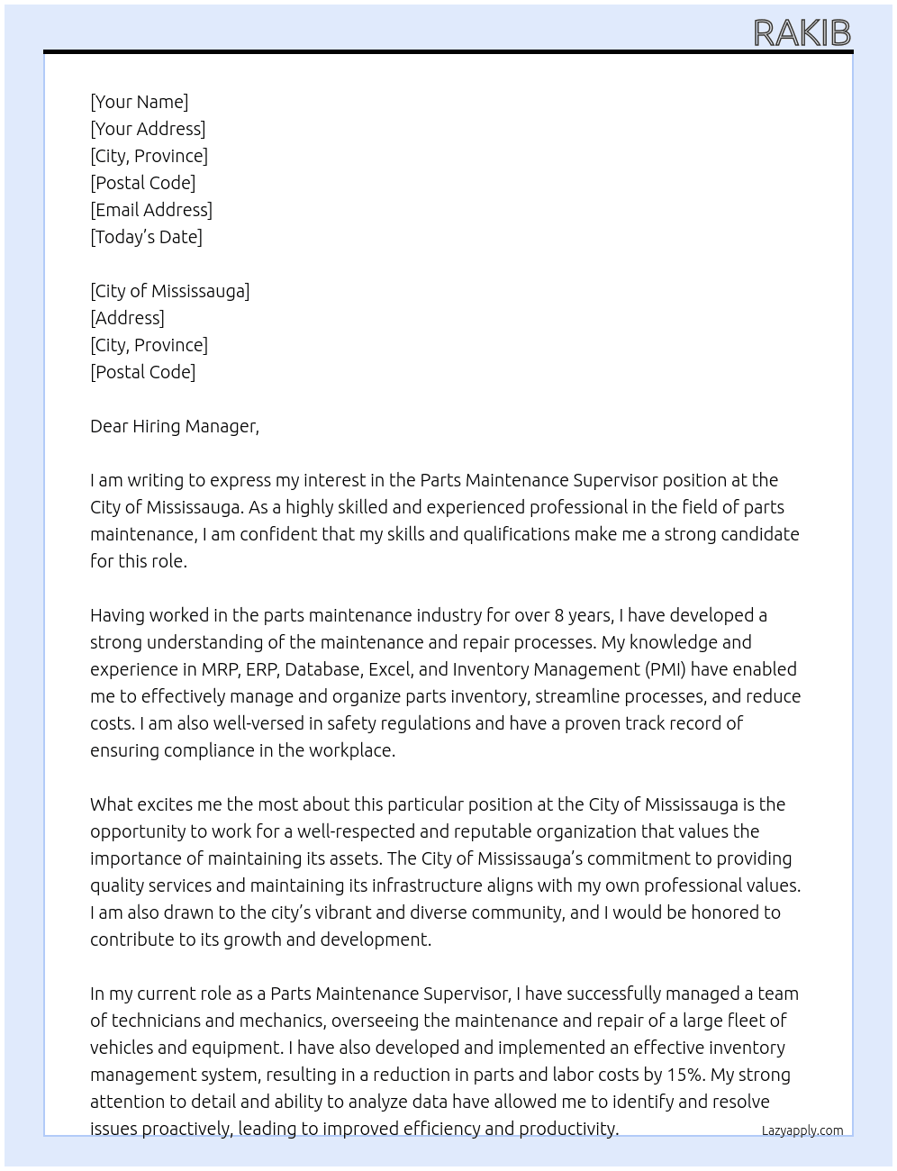 Parts Maintenance Supervisor  At City of Mississauga Cover Letter
