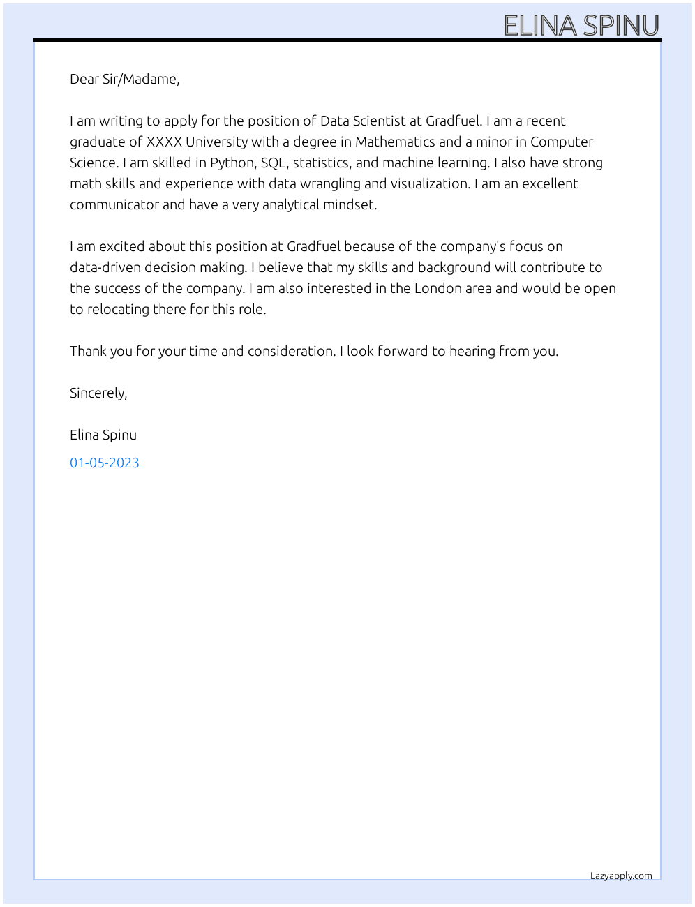 Data Scientist At Gradfuel Cover Letter
