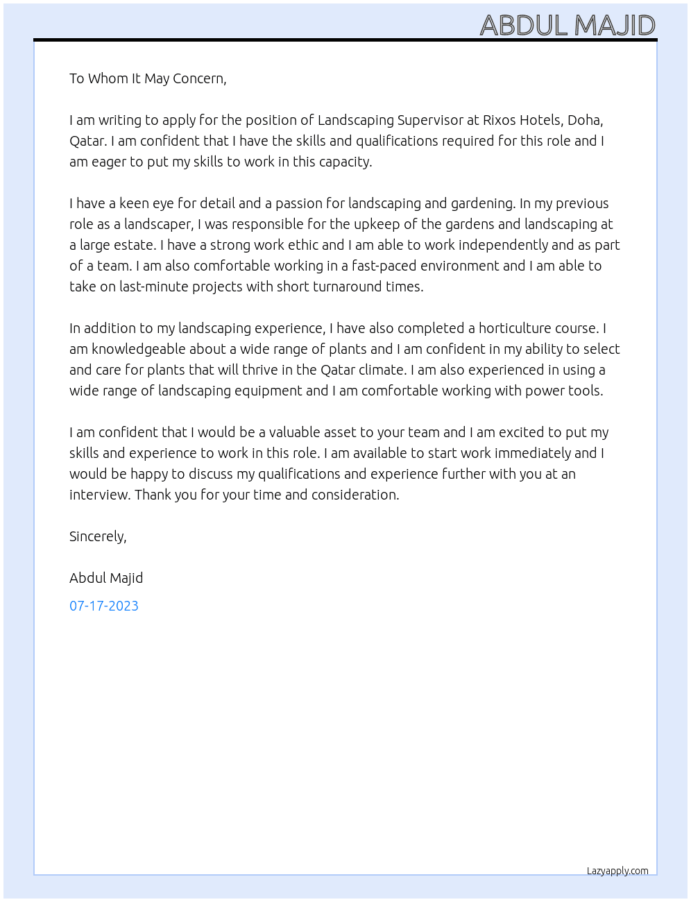 Landscaping Supervisor At Rixos Hotels, Doha, Qatar Cover Letter