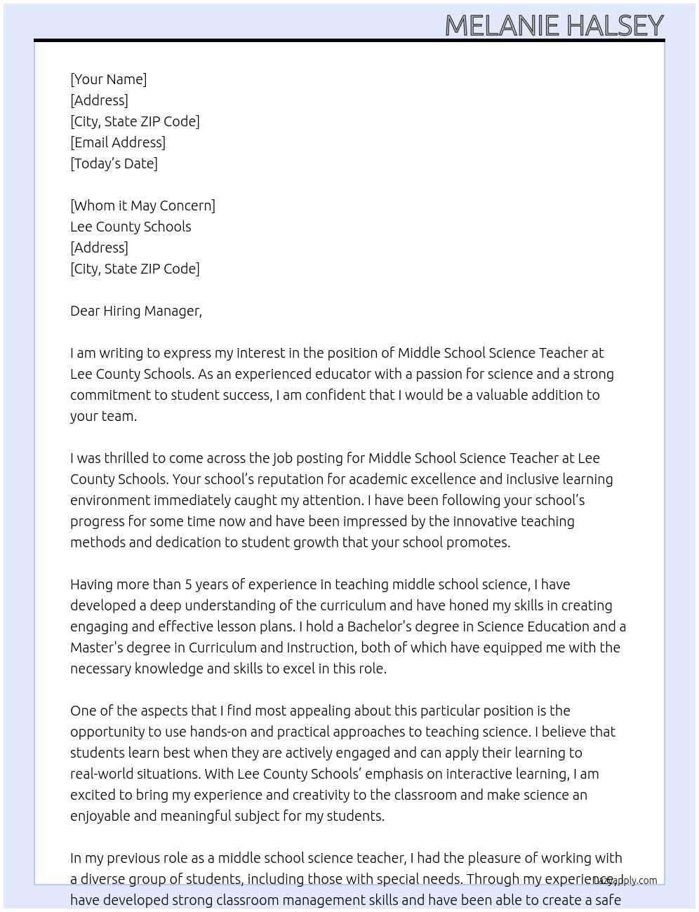 middle school science teacher At Lee County Schools Cover Letter