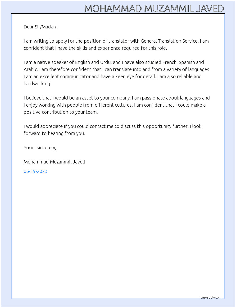 Translator  At General Translation Service Cover Letter